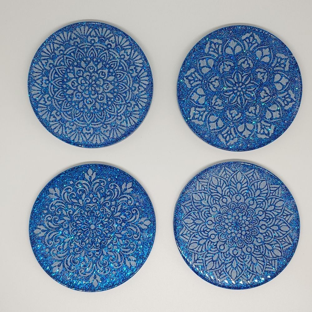 Mandala Coasters Set Blue Glitter